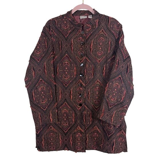 Chicos Floral Jacket L Orange Retro Boho Western Paisley Tapestry Artsy Classic - Picture 1 of 13